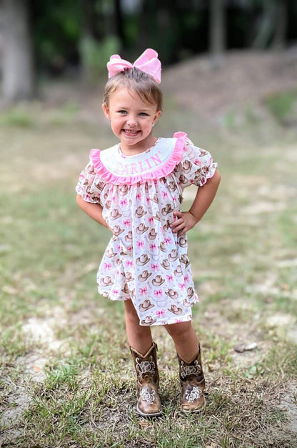 Girls DARLIN Embroidery Smock Cowboy Hat Dress & Bubble