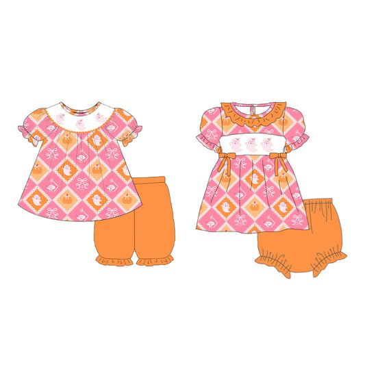 Girls Sister Halloween Ghost Smock Embroidery Short & Ropmer Set
