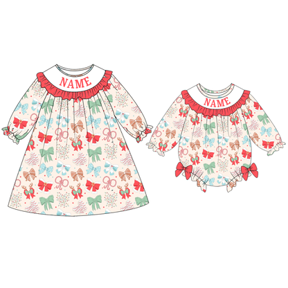 Baby Girls Christmas Custom Name Red Green Bow Embroidery Smock Outfits