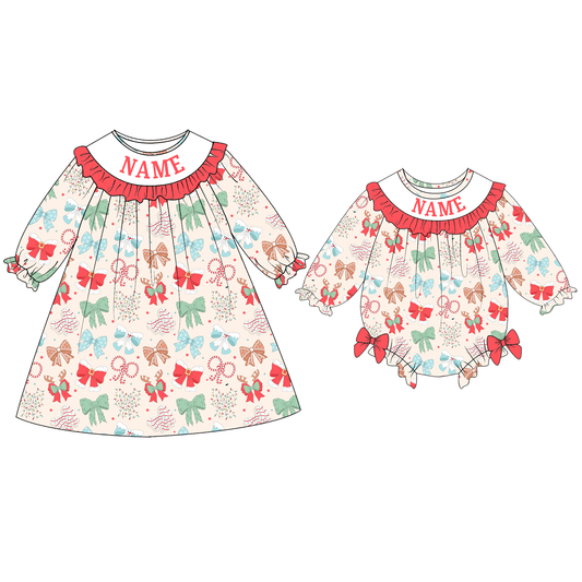 Baby Girls Christmas Custom Name Red Green Bow Embroidery Smock Outfits