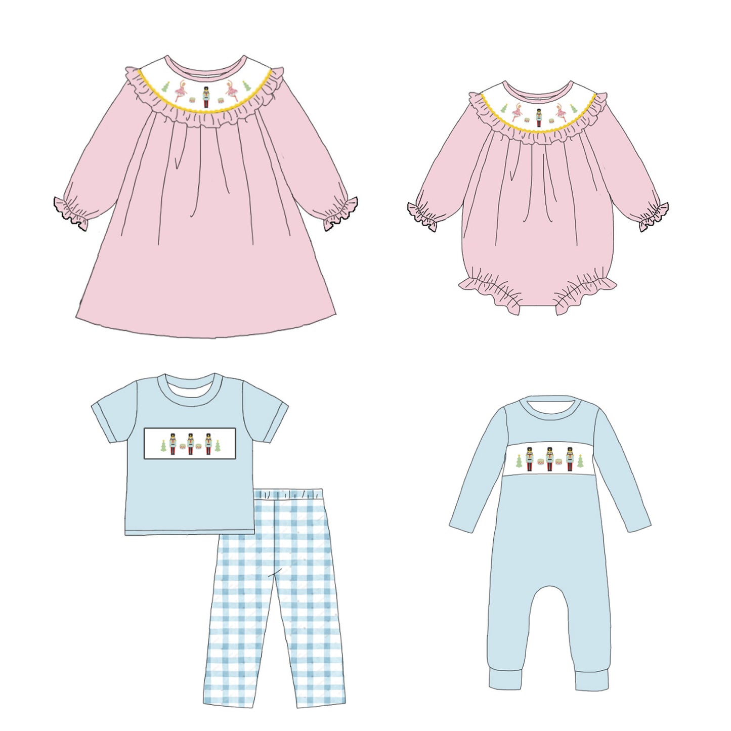 Kids Christmas Nutcracker Embroidered Smocked Outfits