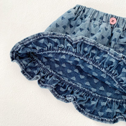Summer Baby Girl Set Button Decor Heart Denim Top Skirt