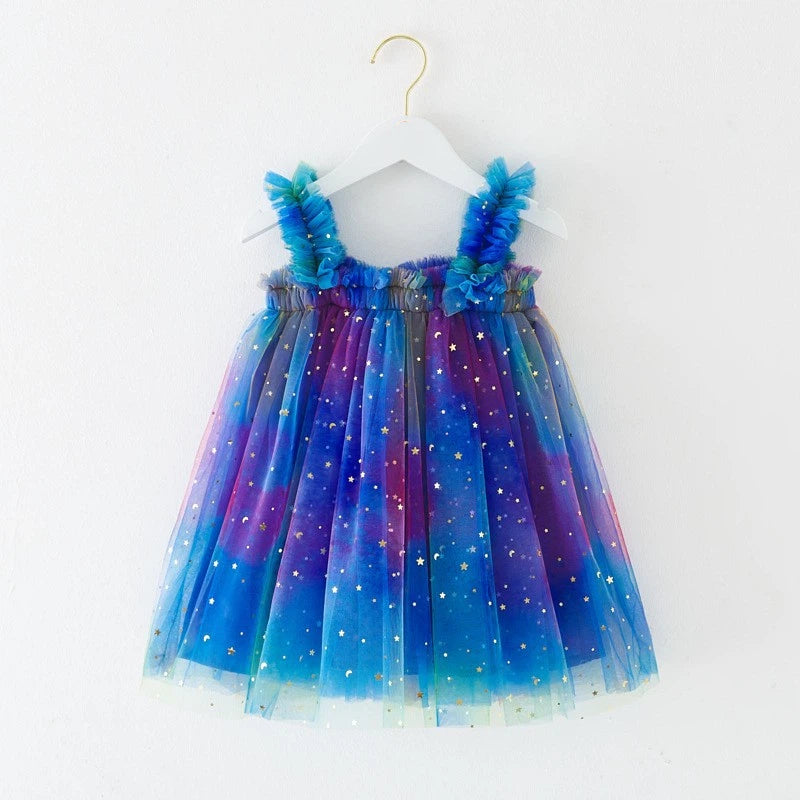 Girls Rainbow Tulle Dress Gold Stars Sparkly Fairy Style