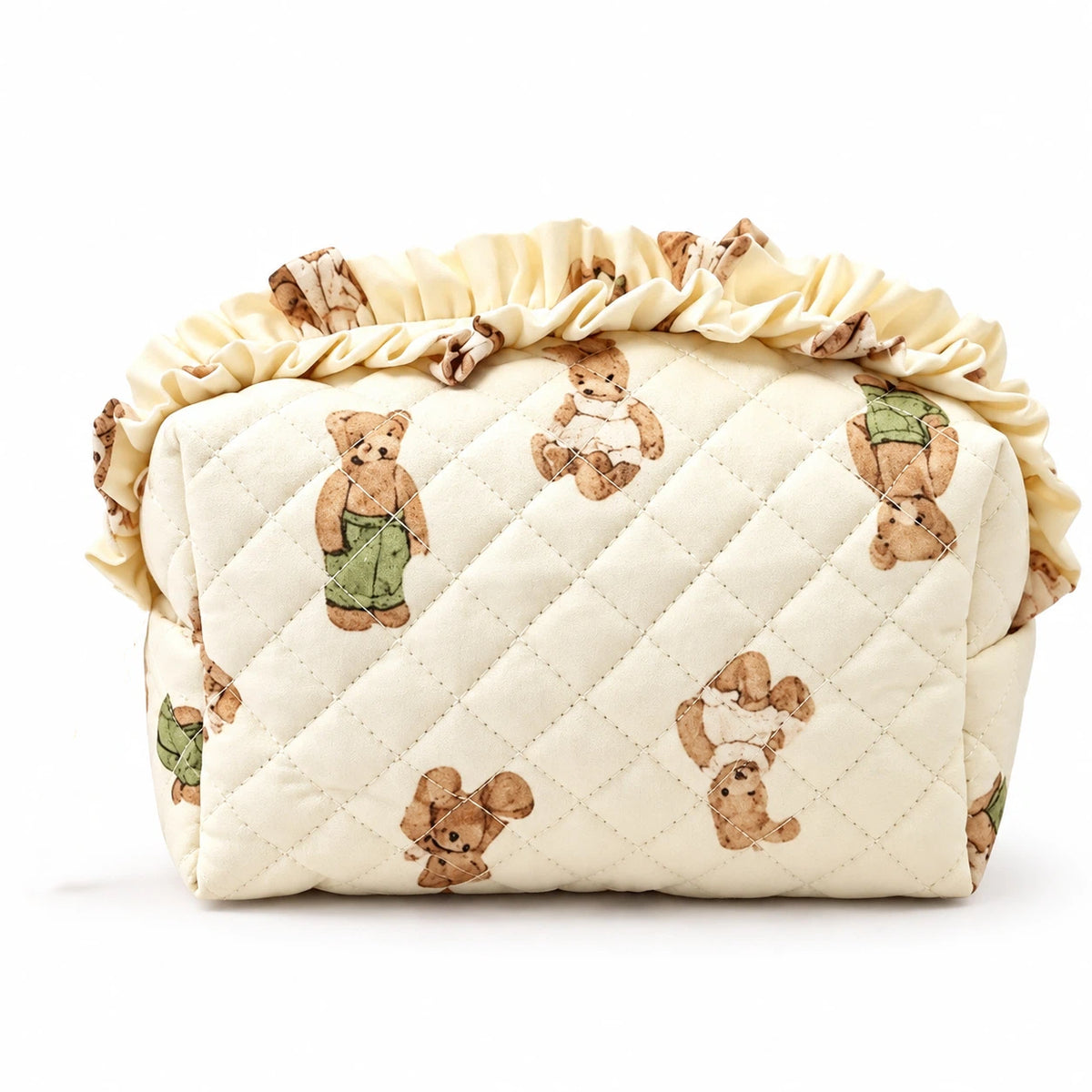 Diamond Quilted Ruffle Floral, Bow Print Makeup Cosmetic Bag – Toiletry & Travel Pouch