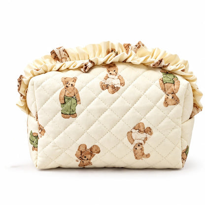 Diamond Quilted Ruffle Floral, Bow Print Makeup Cosmetic Bag – Toiletry & Travel Pouch