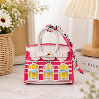Mini House Bag Charm with Scarf – Faux Leather Coin Purse & Earbud Pouch