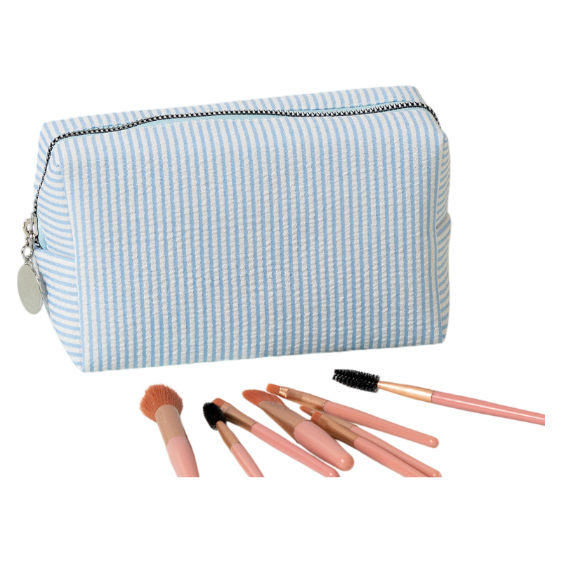 Seersucker Striped Makeup Pouch Travel Toiletry Storage Bag