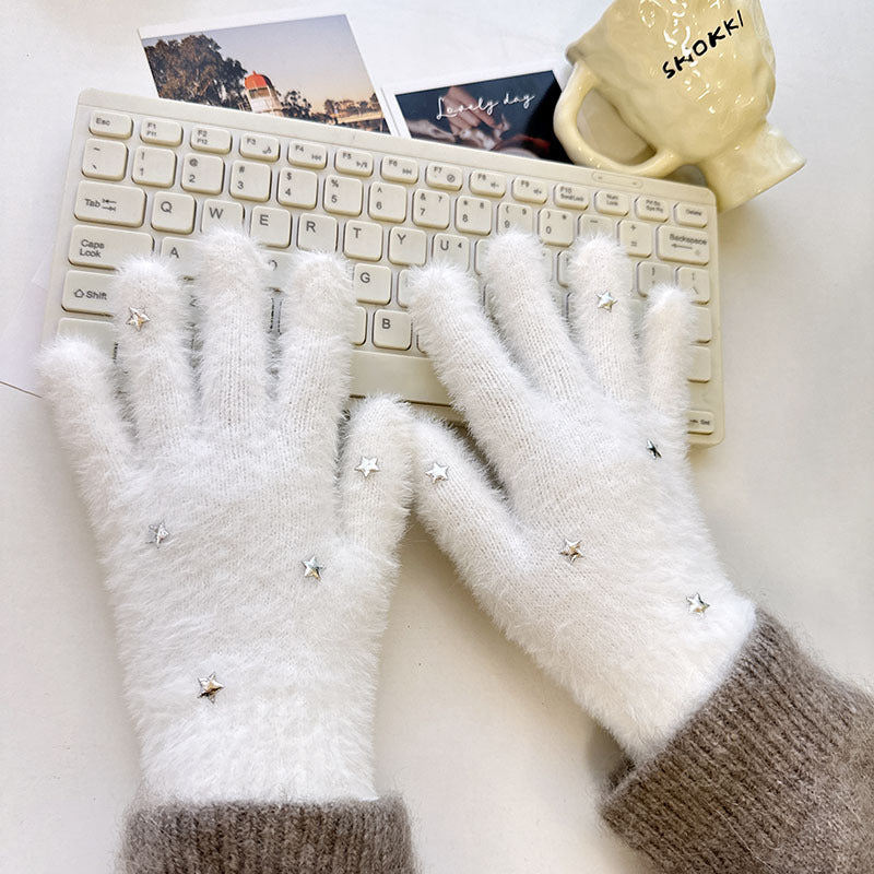 Winter Fluffy Star Gloves Soft Faux Mink Knit Warm Gloves for Parent-Child Matching & Cycling