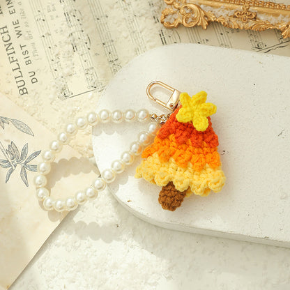 Christmas Gift Crochet Knitted Pearl Keychain Ornament Christmas Tree Shaped Decoration