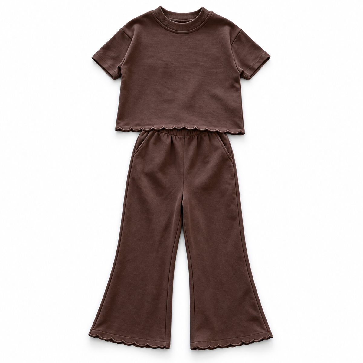 Girls’ Scalloped Cotton Two-Piece Set – Short Sleeve Sweatshirt & Wide-Leg Pants for Fall & Winter
