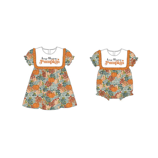 Girls Sister Fall PUMPKIN Embroibery Sibling Dress Romper