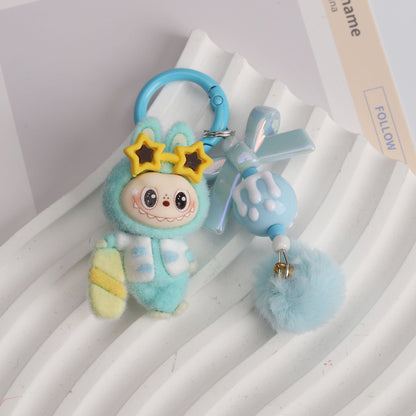 New Flocked Surfboard Sunglasses Labubu Beaded Keychain Cute Charm Bag Pendant Accessory