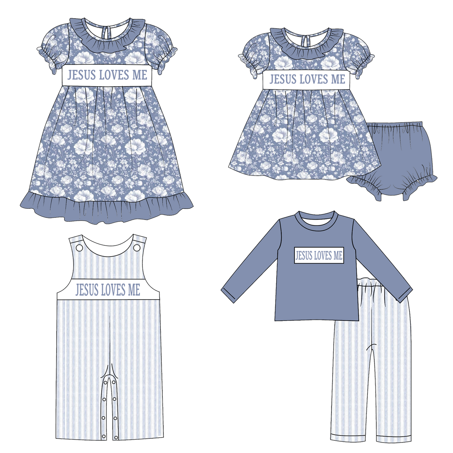 Sibling Kids Fall Blue Floral JESUS LOVES ME Smocked Embroidery Outfits