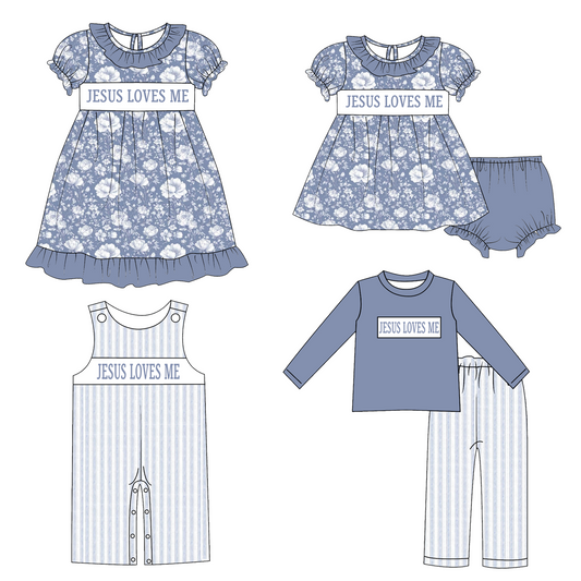 Sibling Kids Fall Blue Floral JESUS LOVES ME Smocked Embroidery Outfits