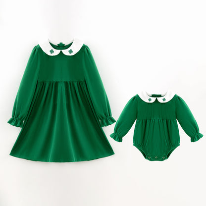 Green Corduroy St.Patrick's Day Sibling Clothes – Clover Embroidery