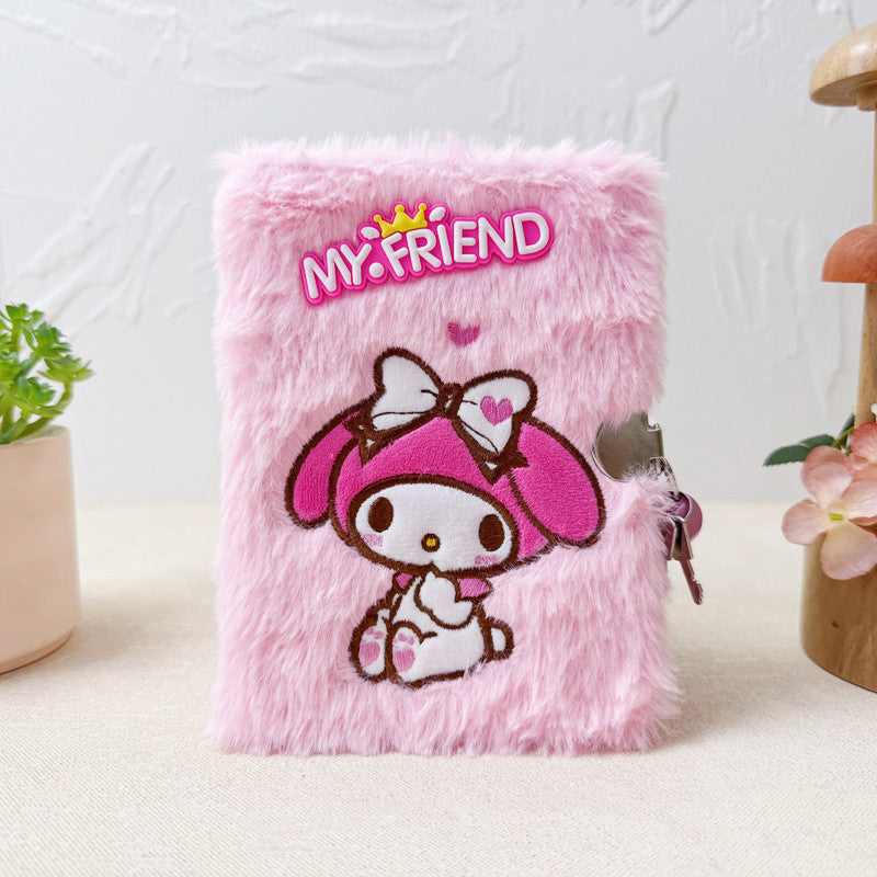 Cartoon Embroidered Plush Lock Diary 64K Soft Cover Journal Notebook Gift