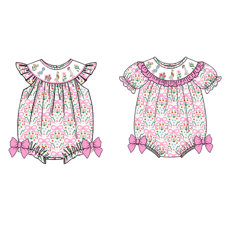 Girls Summer Pink Floral Silly Goose Smock Embroidery Romper