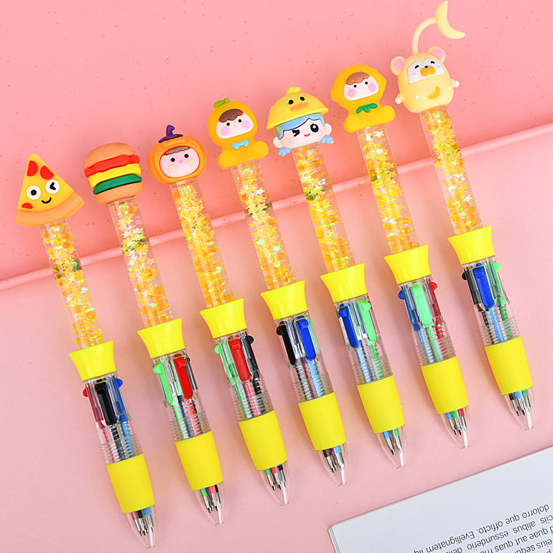 Glitter Quicksand 4-Color Retractable Ballpoint Pens Cartoon Gel Ink Pens with Fun Floating Liquid Design