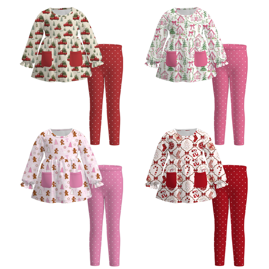 Christmas Long Sleeves Tree Gingerbread Candy Cane Print Pocket Legging Set