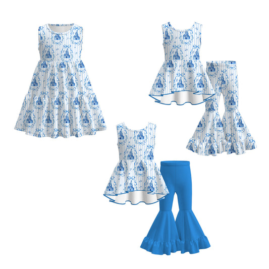 Girls Summer Blue Bow Castle Print Fashion Dress Bell Pant Set