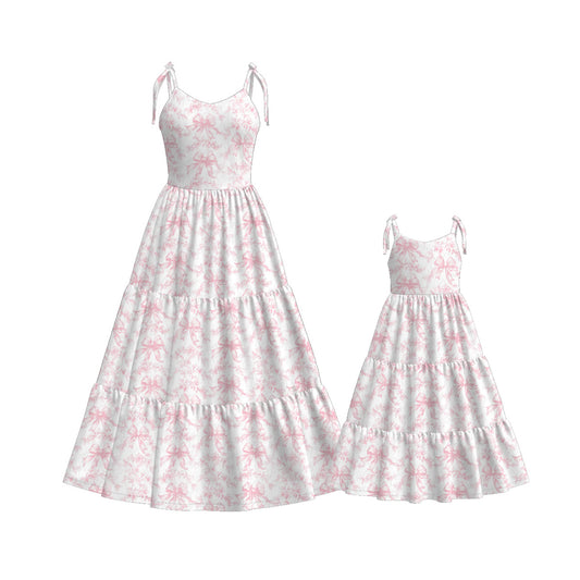 Mommy and Me Pink Bow Print Summer Soft Maxi Dress