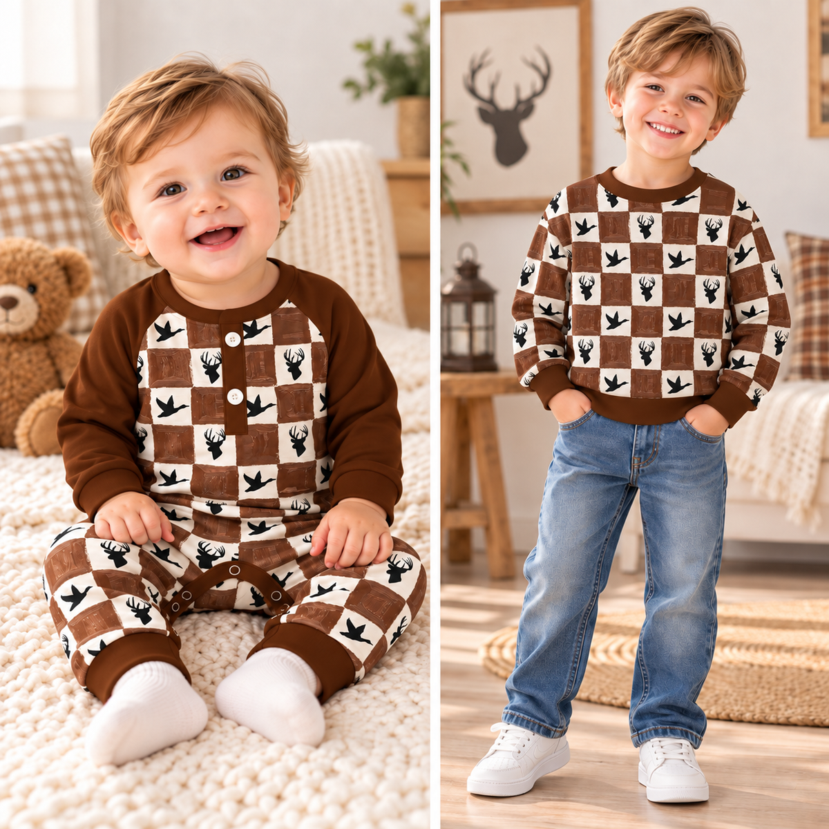 Boys Fall Winter Hunting Camo Printed Collection – Duck Deer Print Short Sleeve Shorts Set, Camouflage Hoodie, Long Sleeve Sweatshirt & Baby Romper