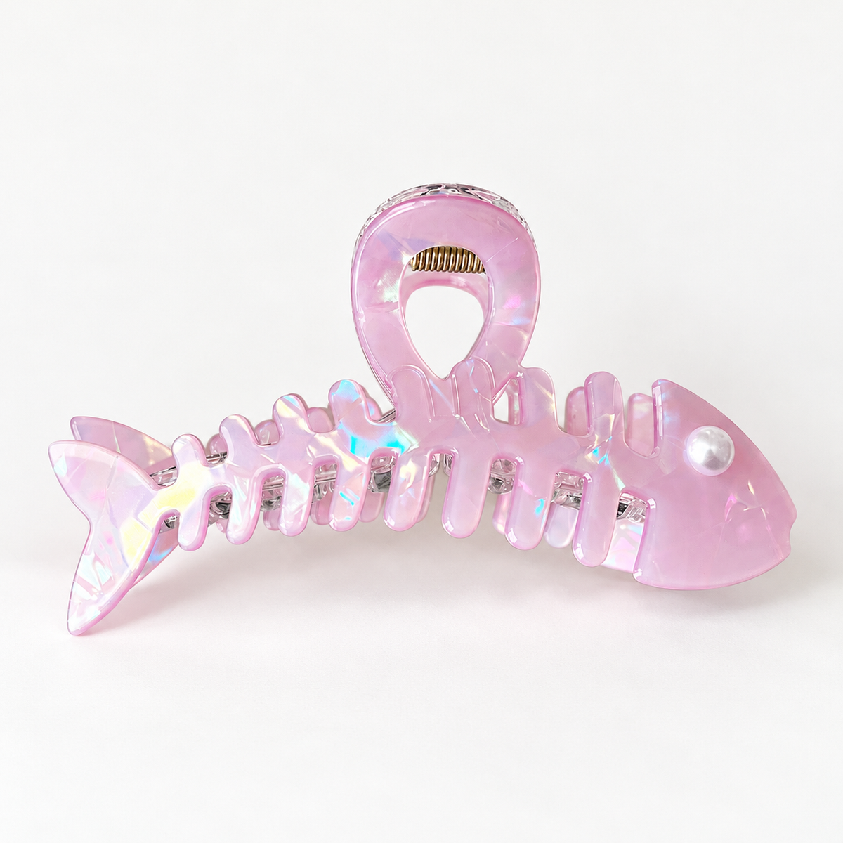 Iridescent Fishbone Hair Claw Clip – Acetate-Look Fish Skeleton Clip with Faux Pearl Eye