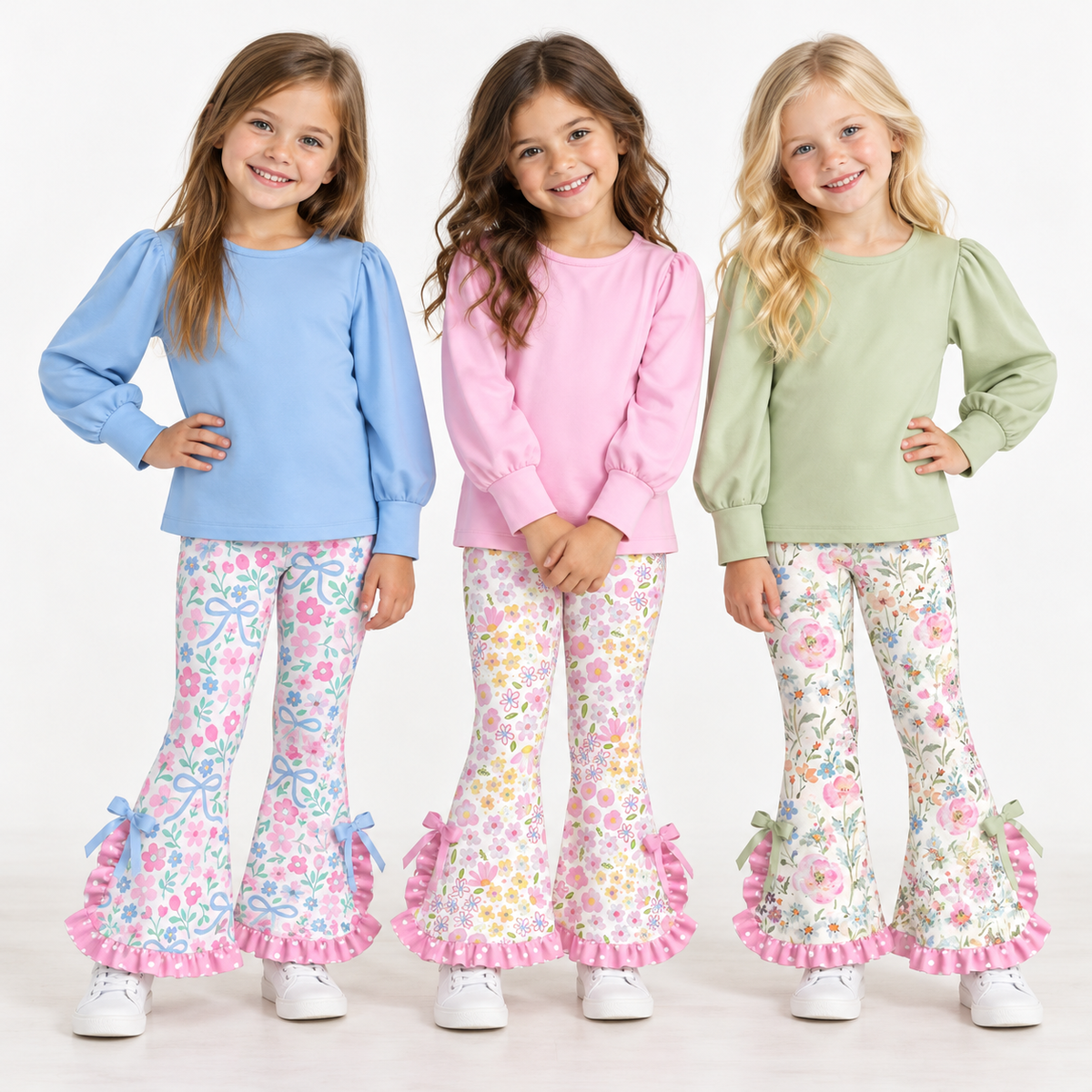 Girls Spring Floral Print Bell Bottom Pants Set – Long Sleeve Puff Sleeve Top & Ruffle Flare Pants Outfit