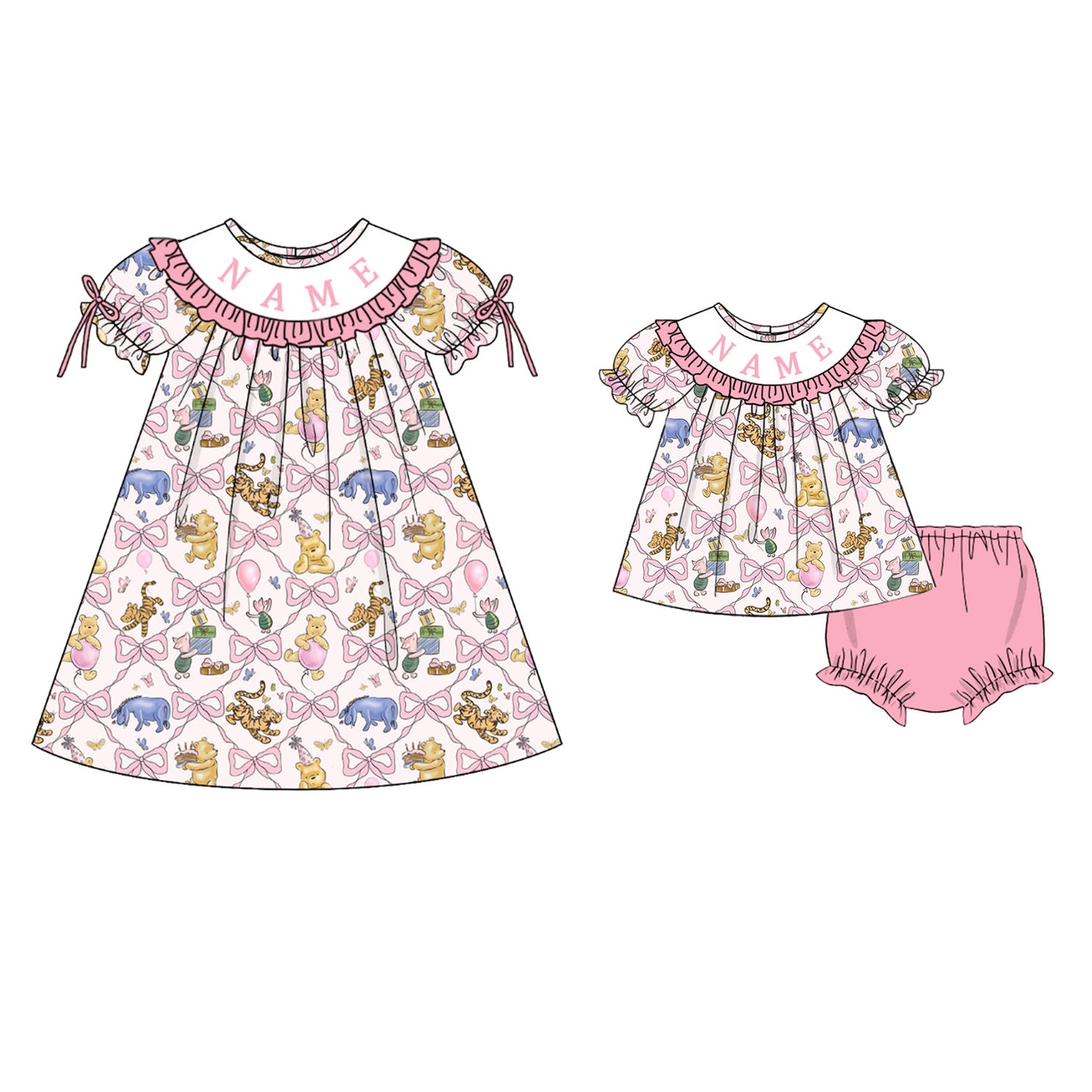 Personalized Smocked Baby Girl Dress & Bloomer Set – Custom Name Embroidery Animal Print Outfit