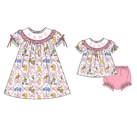 Personalized Smocked Baby Girl Dress & Bloomer Set – Custom Name Embroidery Animal Print Outfit