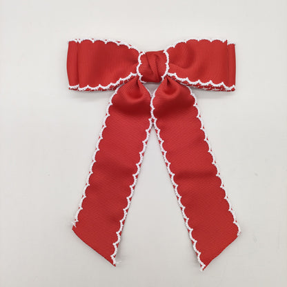 Girls Grosgrain Ribbon Bow Hair Clip – Contrast Scalloped Stitching & Long Ribbon Tails