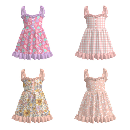 Girls Summer Floral Plaid Slip Ruffled Boutique Dress