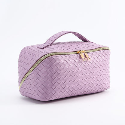 Woven PU Leather Makeup Bag with Handle & Zipper Travel Toiletry & Cosmetic Organizer