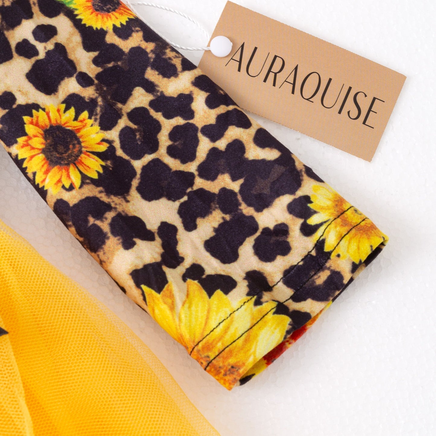 Girls Fall Sunflower Leopard Print Yellow Tulle Long Sleeves Dress
