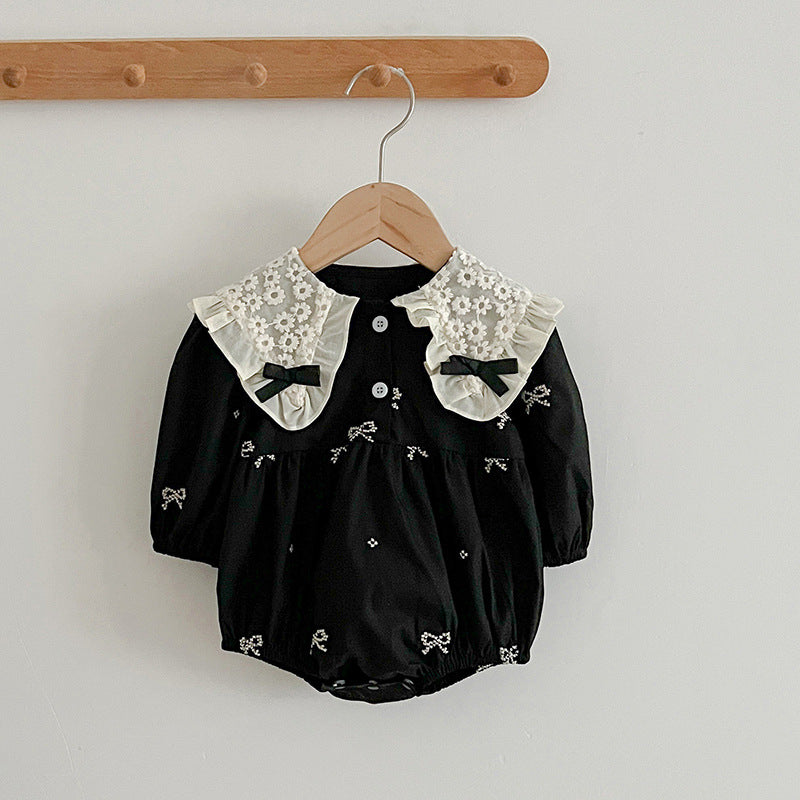 Girls Blue Bow Print Dress & Baby Romper – Lace Collar Sister Matching Outfit