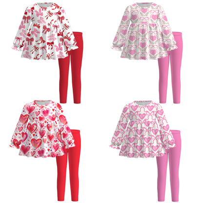 2026 Valentine's Day Girls Bow Heart Long Sleeves Outfit Set