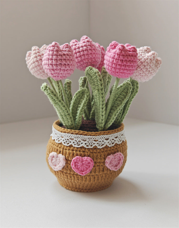 Handmade Knitted Tulip Pot – Crochet Yarn Flower Desk Decor Gift
