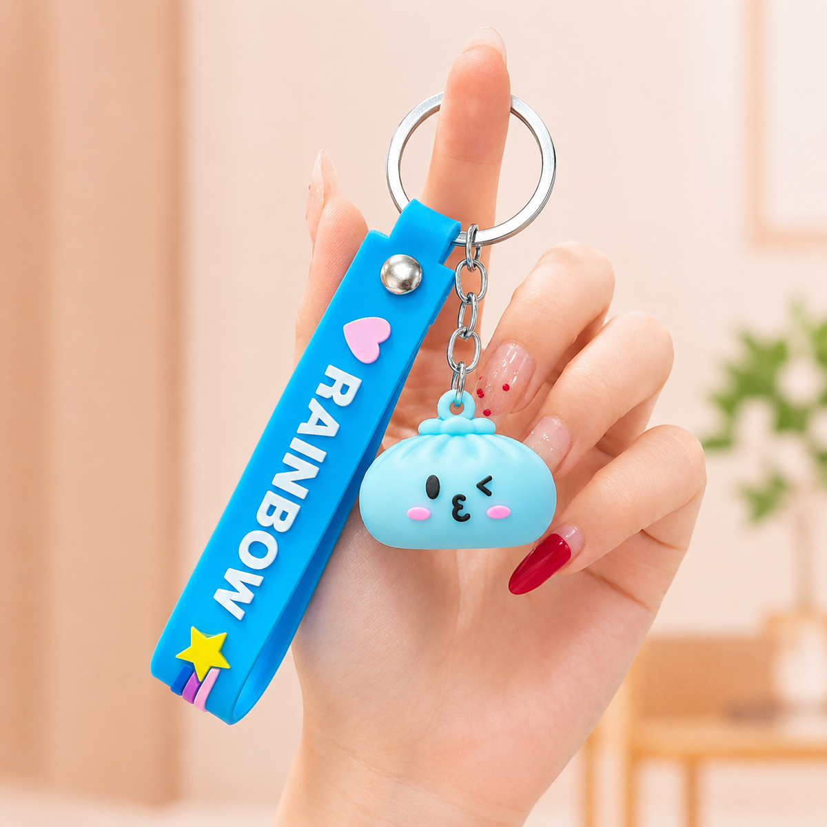 Cute Kawaii Dumpling Silicone Keychain with Rainbow Wrist Strap