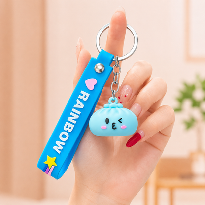 Cute Kawaii Dumpling Silicone Keychain with Rainbow Wrist Strap