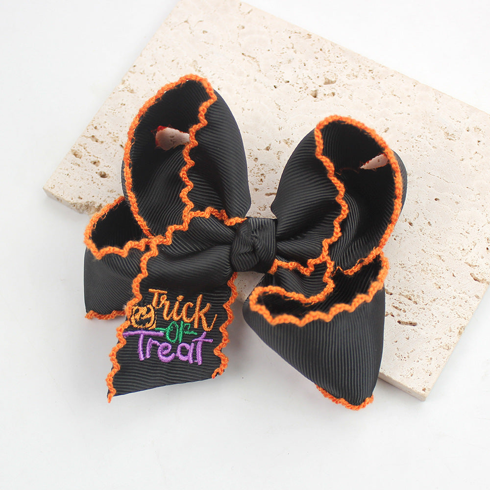 Halloween Pumpkin Embroidered Hair Bow Clips – Wavy Edge, 10 Pack