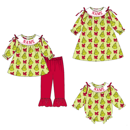 Girls Christmas Personalized Smocked Outfit – Custom Name Embroidery Grinch-Inspired Holiday Dress, Ruffle Pants Set & Baby Romper