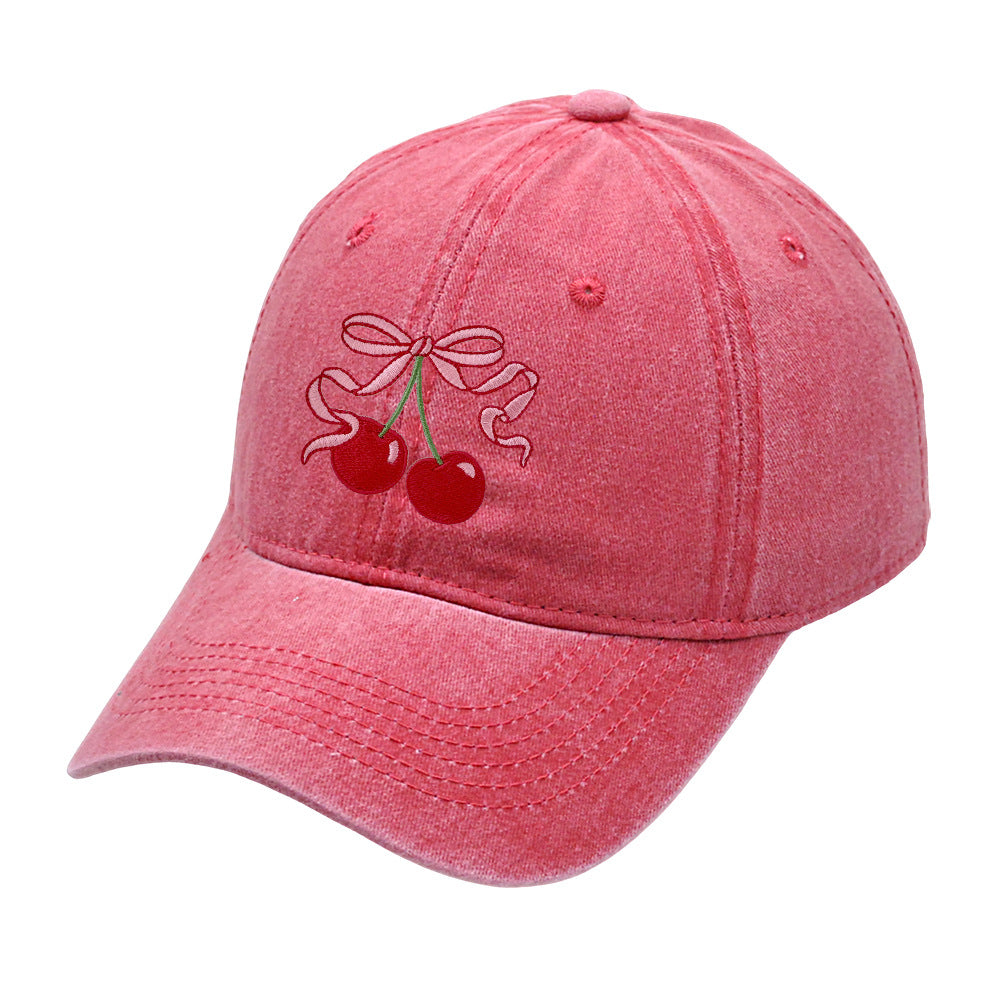 Vintage Washed Baseball Cap with Cherry & Bow Embroidery