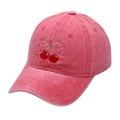 Vintage Washed Baseball Cap with Cherry & Bow Embroidery
