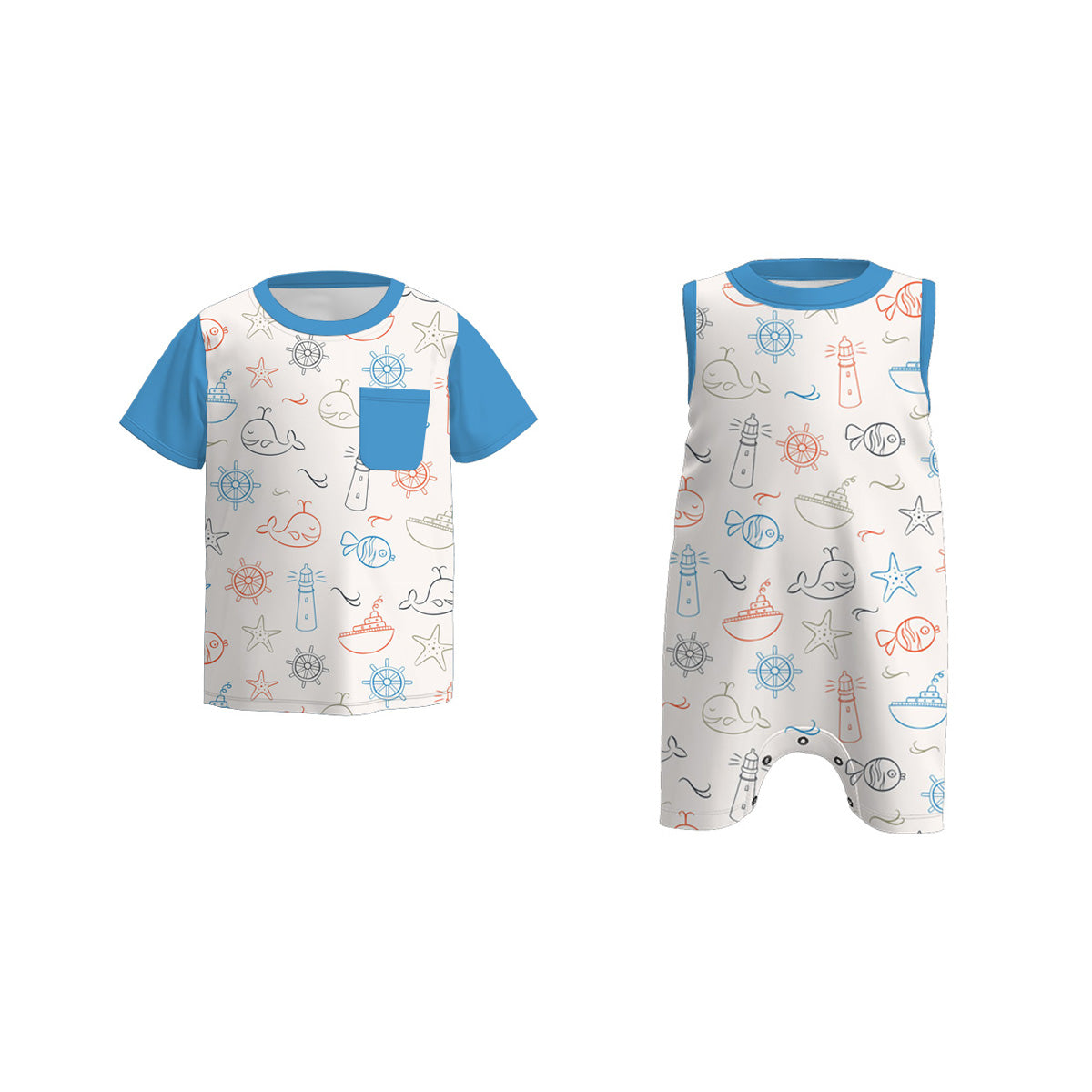 Baby Boys Sibling Summer Blue Sea Fish Boat Lighthouse Clothes