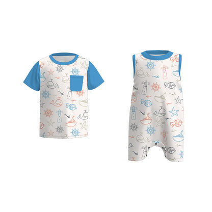 Baby Boys Sibling Summer Blue Sea Fish Boat Lighthouse Clothes