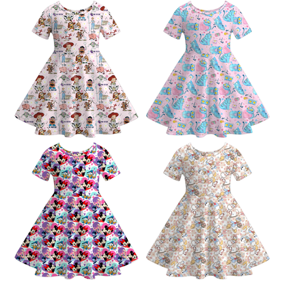 2026 Spring Summer Character Print Short Sleeves Girls Twirl Dress