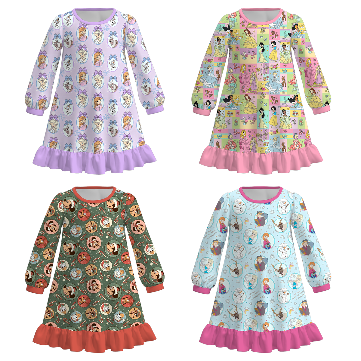Girls Christmas Character Print Long Sleeve Nightgown – Princess Snowflake Holiday Ruffle Hem Sleep Dress
