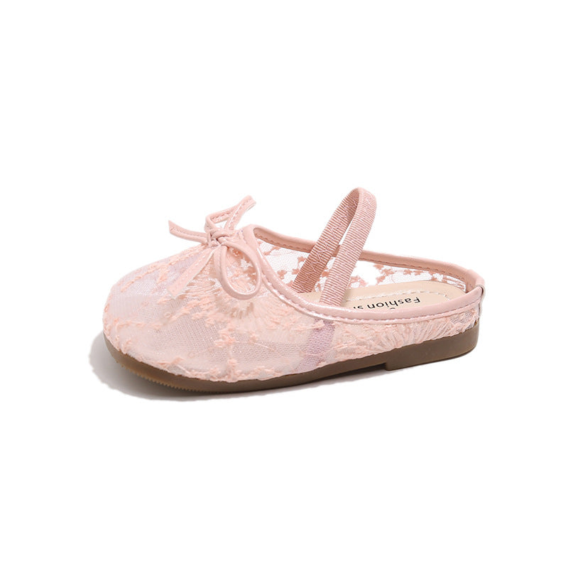 Girls Lace Bow Ballet Flats – Elastic Strap Dress Shoes & Backless Slippers