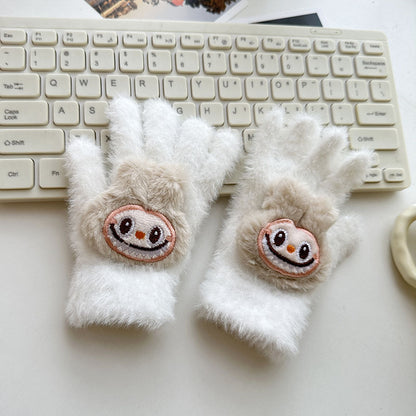 Winter Knit Gloves with Plush Doll Decoration Warm Fuzzy Rhinestone Finger Gloves for Parent Child Matching