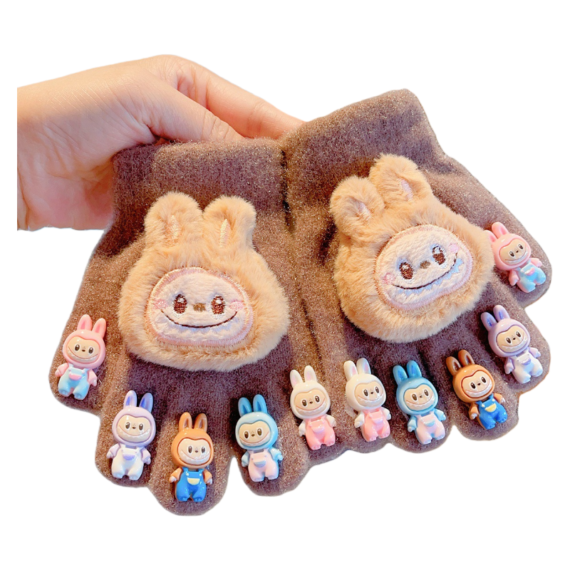 Cute Labubu Plush Half-Finger Gloves Warm Knitted Mittens with 3D Bunny and Silicone Labubu Charms